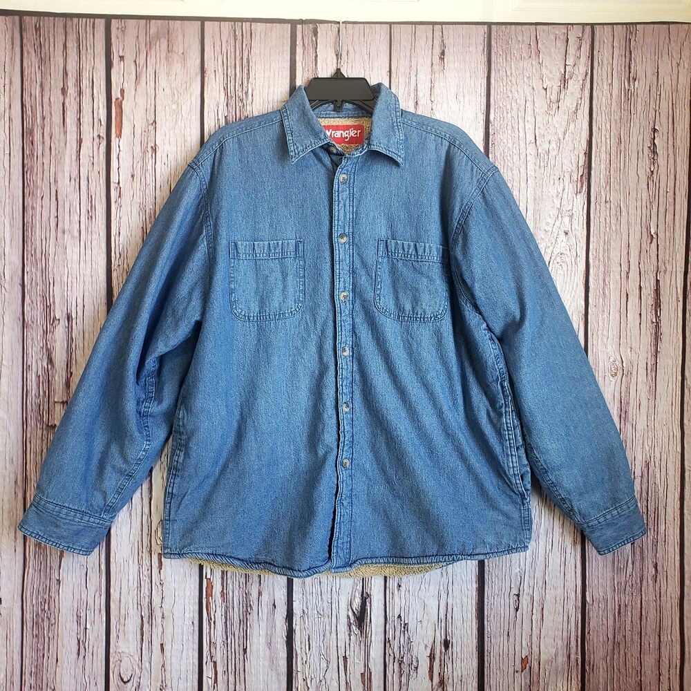 Vintage 1980s Wrangler Fleece-Lined Denim Trucker Jacket Shacket Blue Large